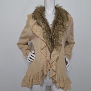Chicos Faux Fur Coquette Ruffle Light Tan Wool Blend Cardigan Sweater Size 3=L